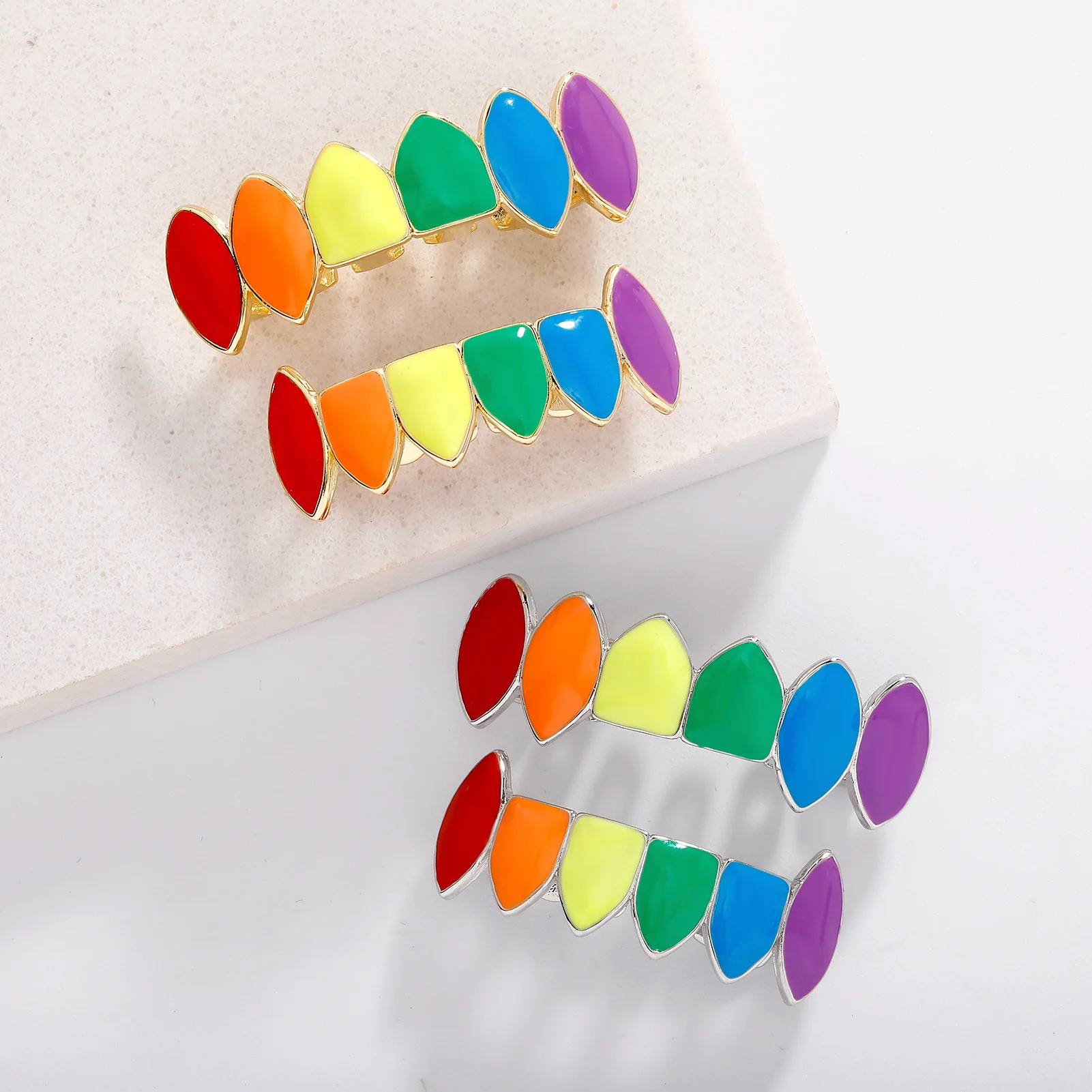 Rainbow Enamel 6 Fang Teeth Grillz Gold Silver Plated Top Bottom Tooth Caps Hip Hop LGBT Pride Mouth Jewelry Wholesale