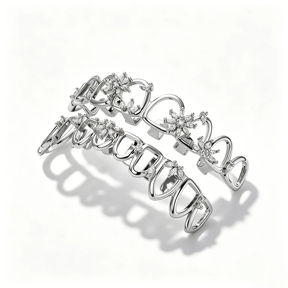 Hollow Heart Floral CZ 10 Teeth Grillz Gold Silver Plated Hip Hop Mouth Jewelry Rapper Halloween Party Decor Wholesale