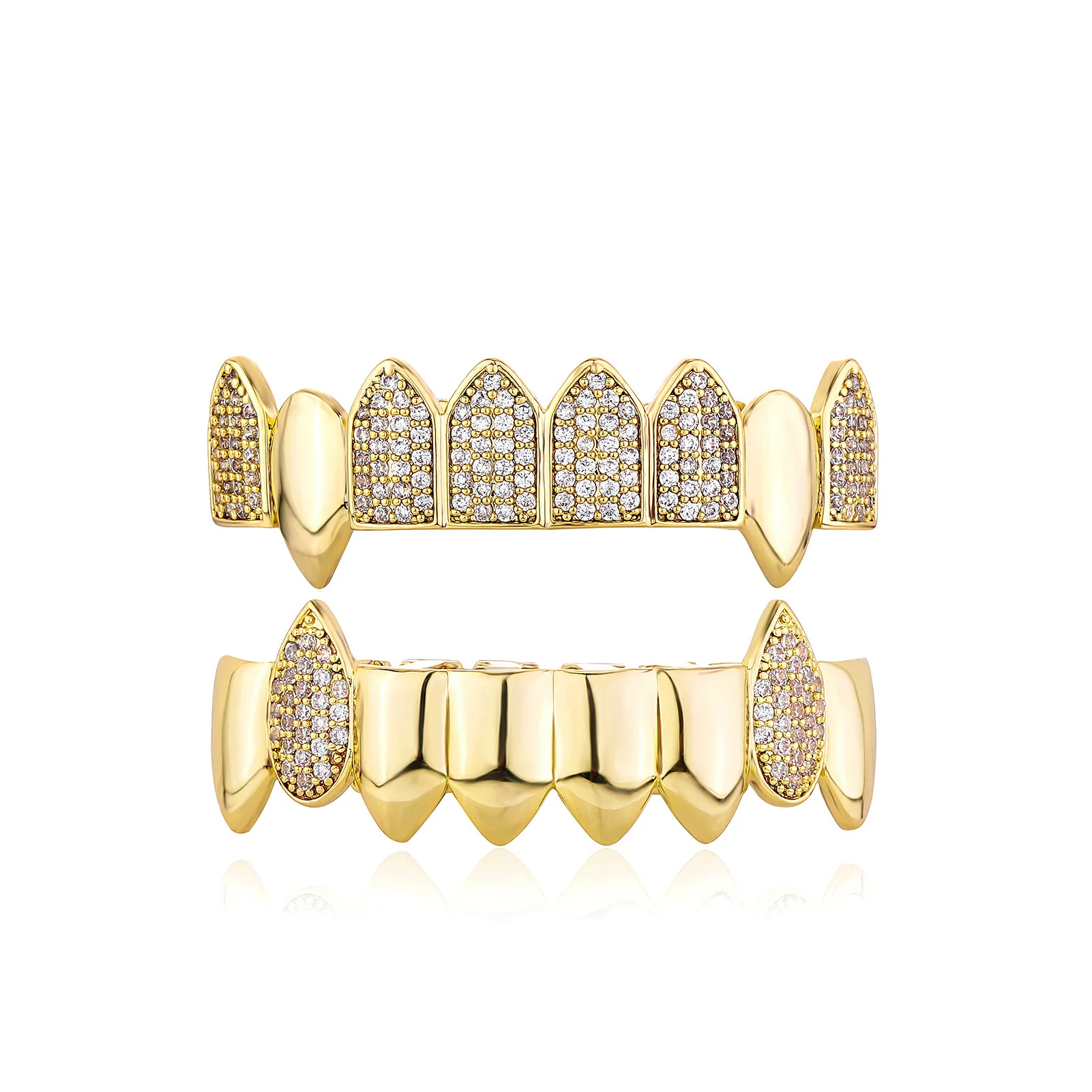 Half Iced Solid Fang Grillz Gold Silver Plated Zircon Tooth Caps Hip Hop Rapper Cosplay Mouth Jewelry Wholesale