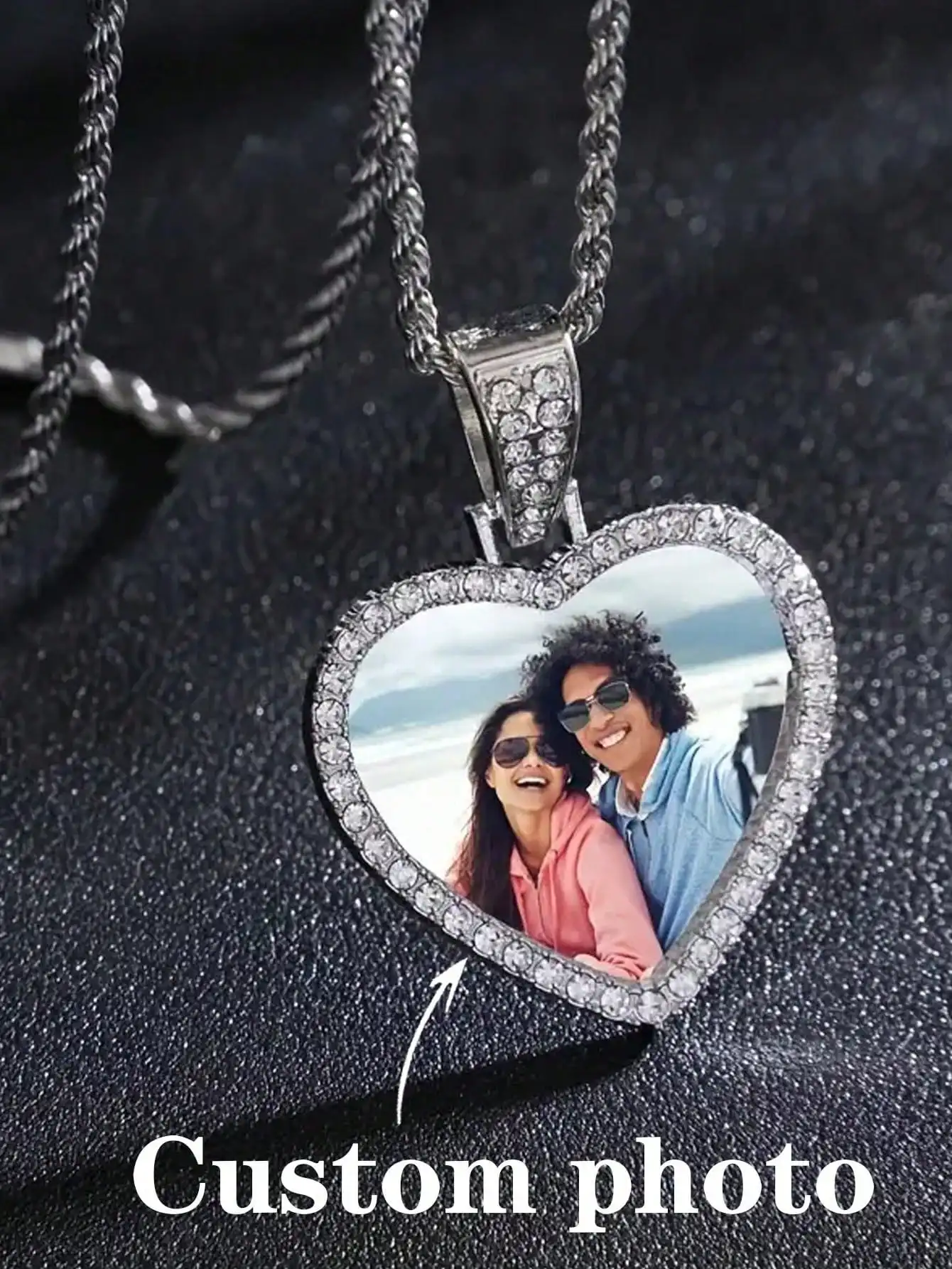 Custom Photo Heart Pendant Necklace, Fashion Hip Hop Full Diamond Love Lock Couple Jewelry Inlaid Rhinestone-Neutral Style