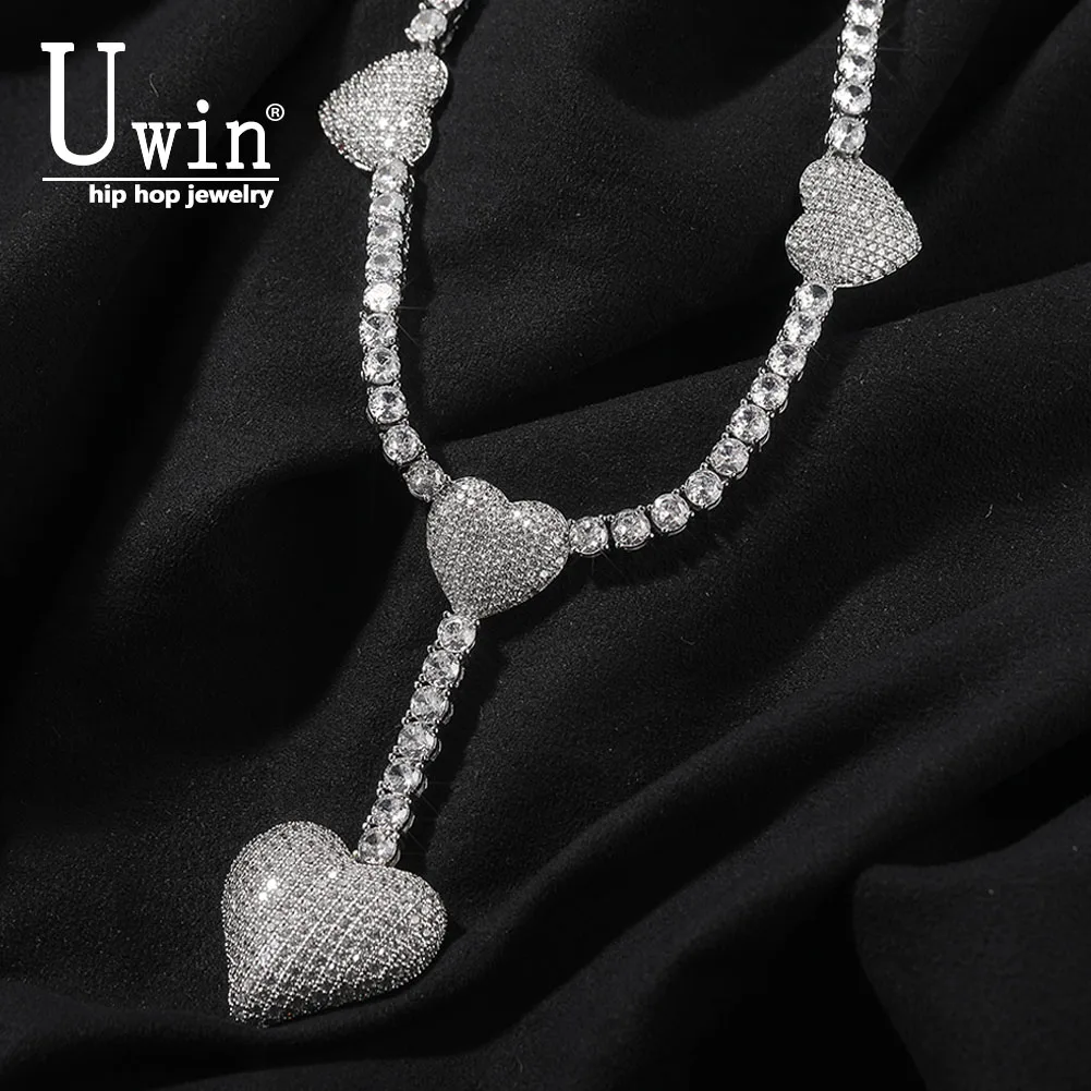 Uwin 4 Heart Necklace Drip Necklaces for Women 4mm Tennis Chain With Heart Pendant Iced Out Cz Hip Hop Jewelry Gift