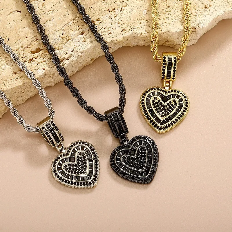 Iced Out Heart Pendant Necklace Rope Chain Baguette CZ Love Charm Gold Silver Black Hip Hop Jewelry Gift for Men Women