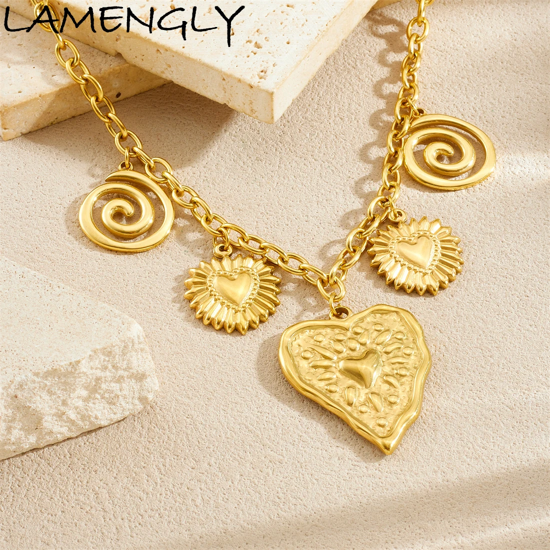 LAMENGLY 316L Stainless Steel Hip-Hop Spiral Line Pineapple Big Heart Pendant Necklace Women Exaggerated Trend Neck Chain Party