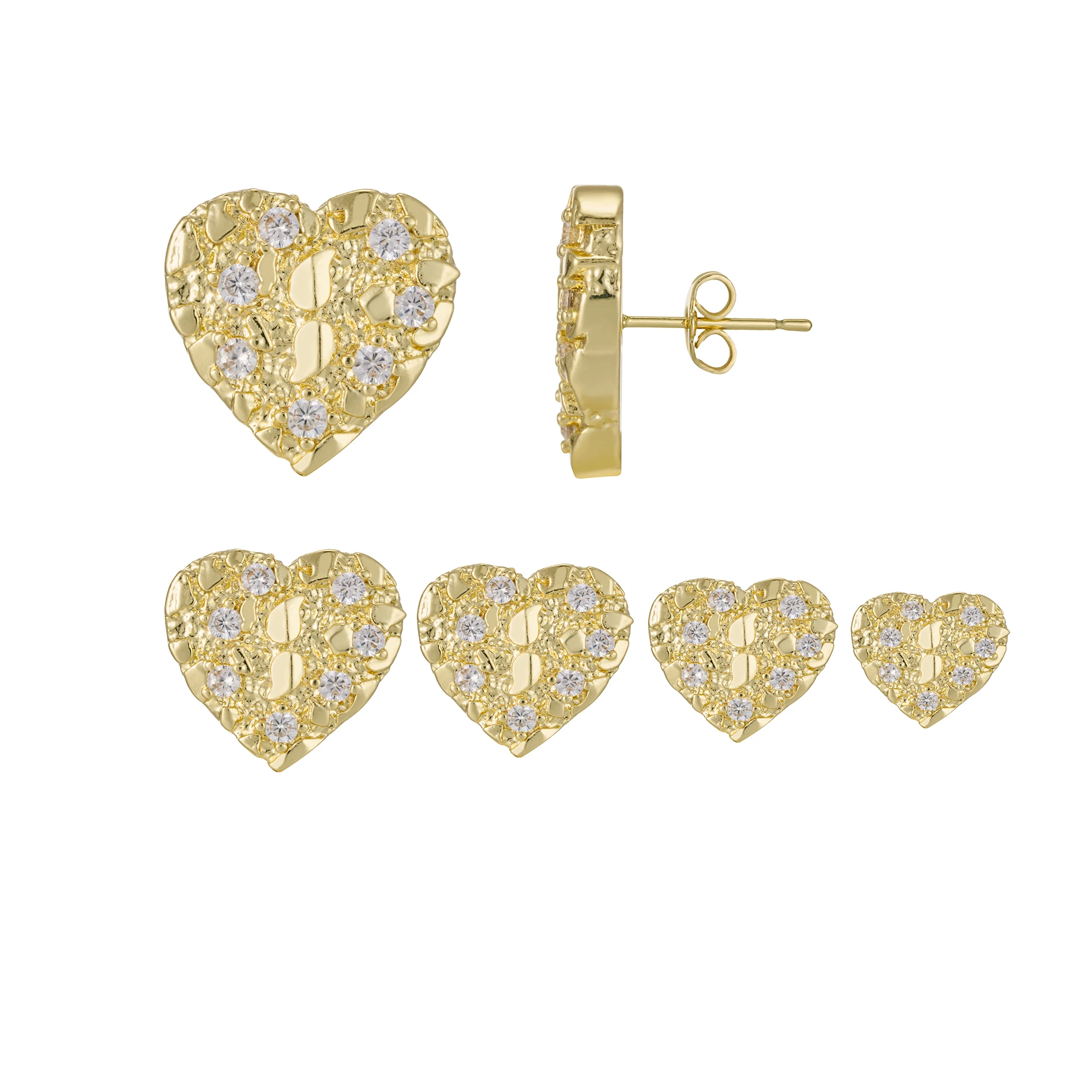 14K Gold Plated Hip Hop Nugget Stud Earrings 8mm-12mm AAA CZ Cubic Zirconia Heart Shape Fashion Jewelry for Men And Women Rock
