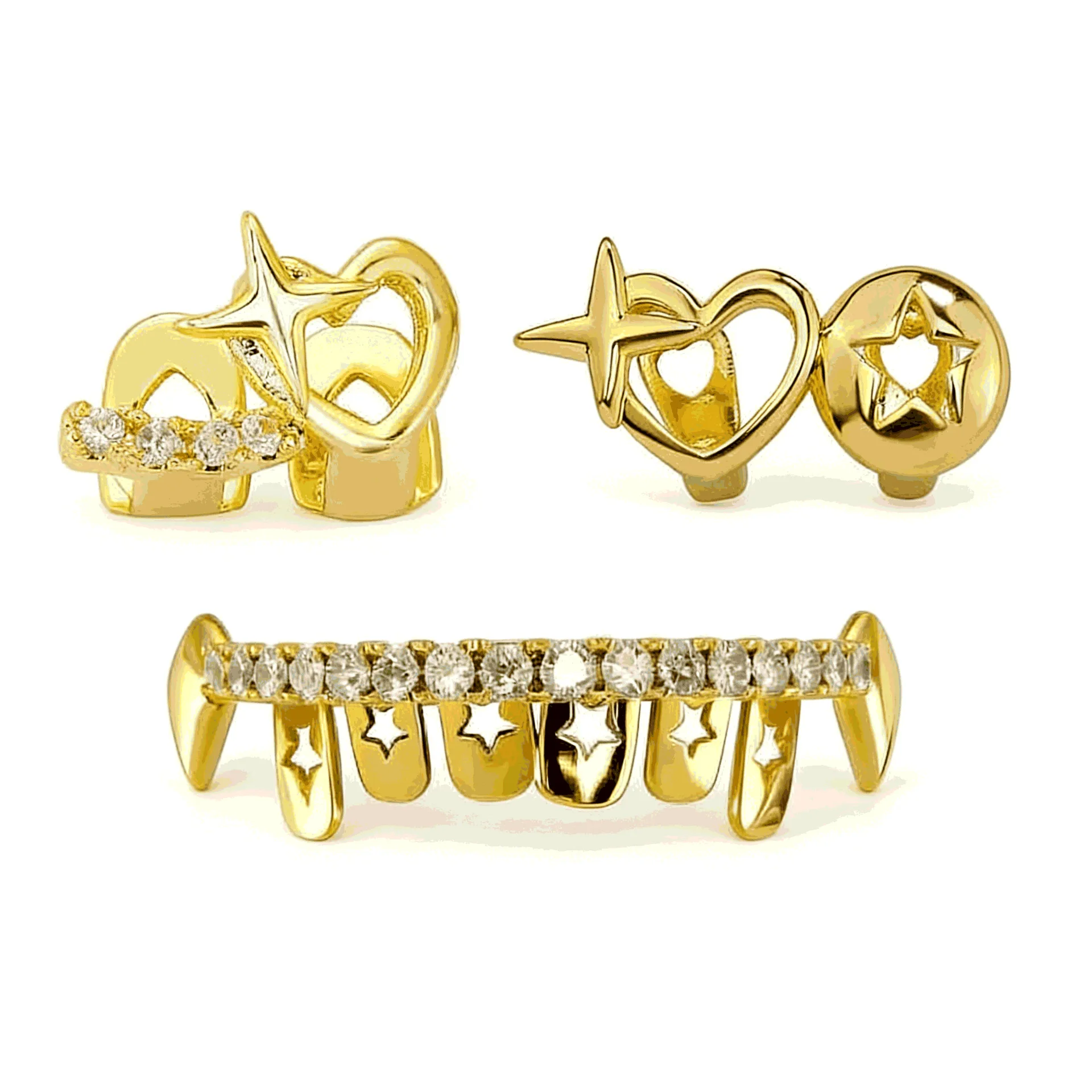 Gold Star Heart Grillz Teeth Jewelry Hollow Love Design Tooth Cover Hip Hop Mouth Jewelry Bling Fashion Accessories Party Gift