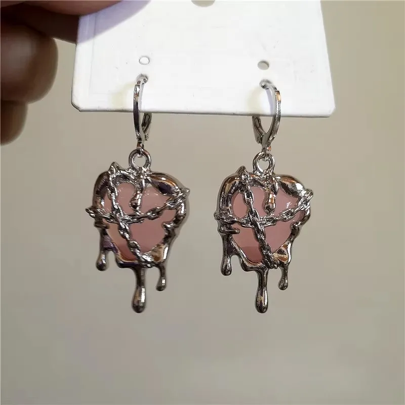 Y2K Gothic Creative Liquid Metal Love Heart Zircon Pendant Earrings for Women Punk Hip-hop Tassel Earrings Fashion Jewelry Gift