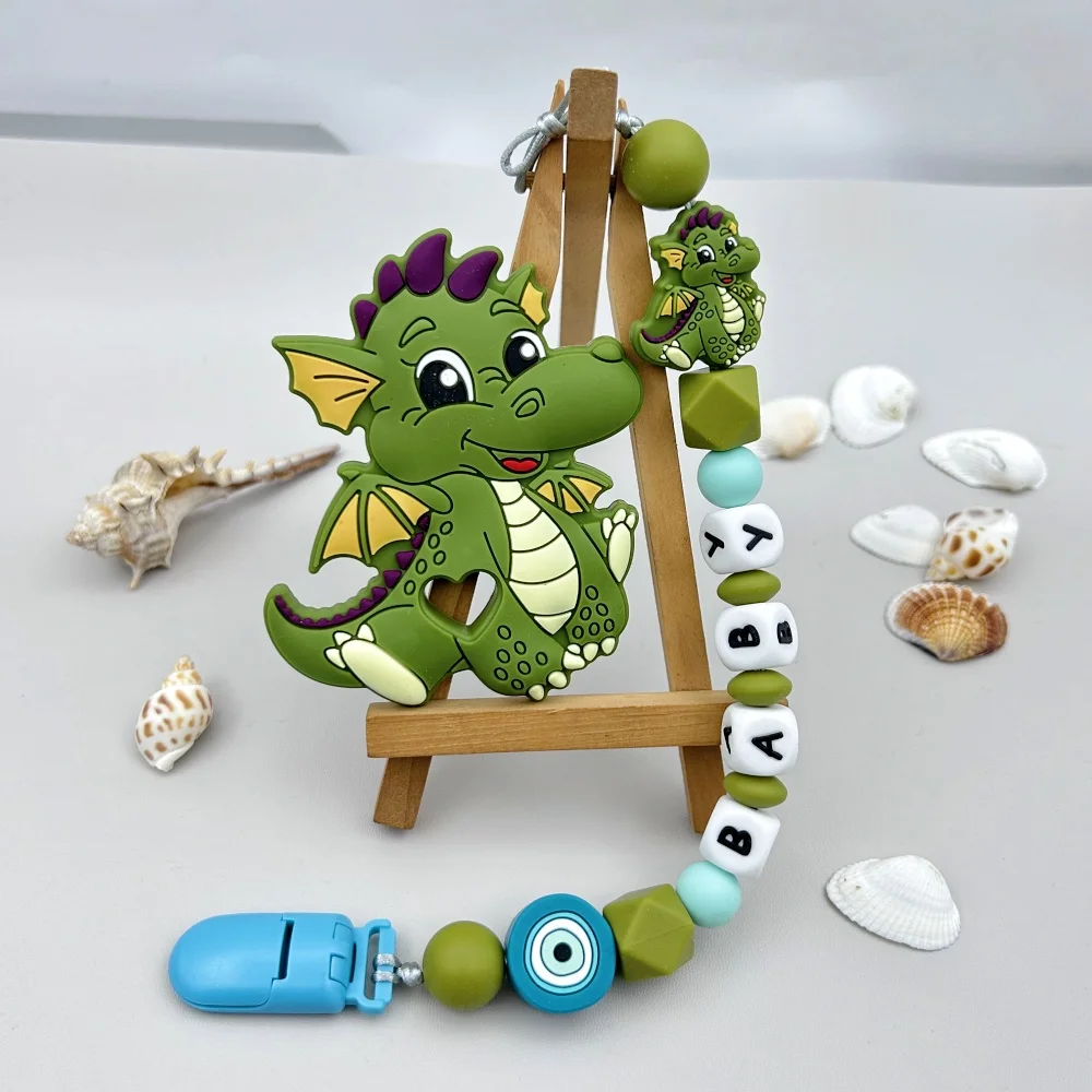 Custom English Russian Silicone Letter Name Baby Dragon Silicone Beads Pendant Pacifier Clips Chains Teether Baby Kawaii Gifts