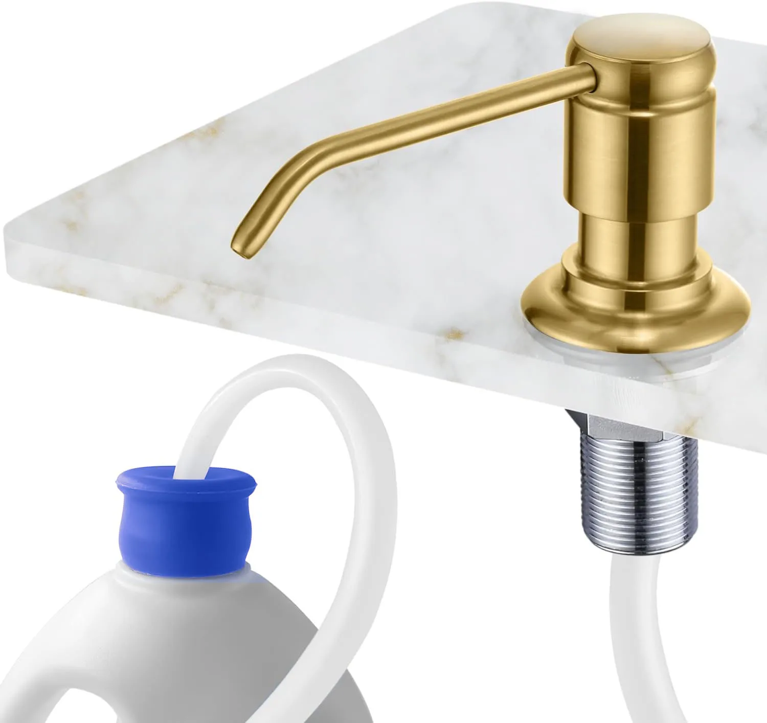 Brass Sink Soap Dispenser with 17oz Bottle & 120mm Extension Tube – Built-In Press Pump with Brass Nut for Kitchen or Bathroom