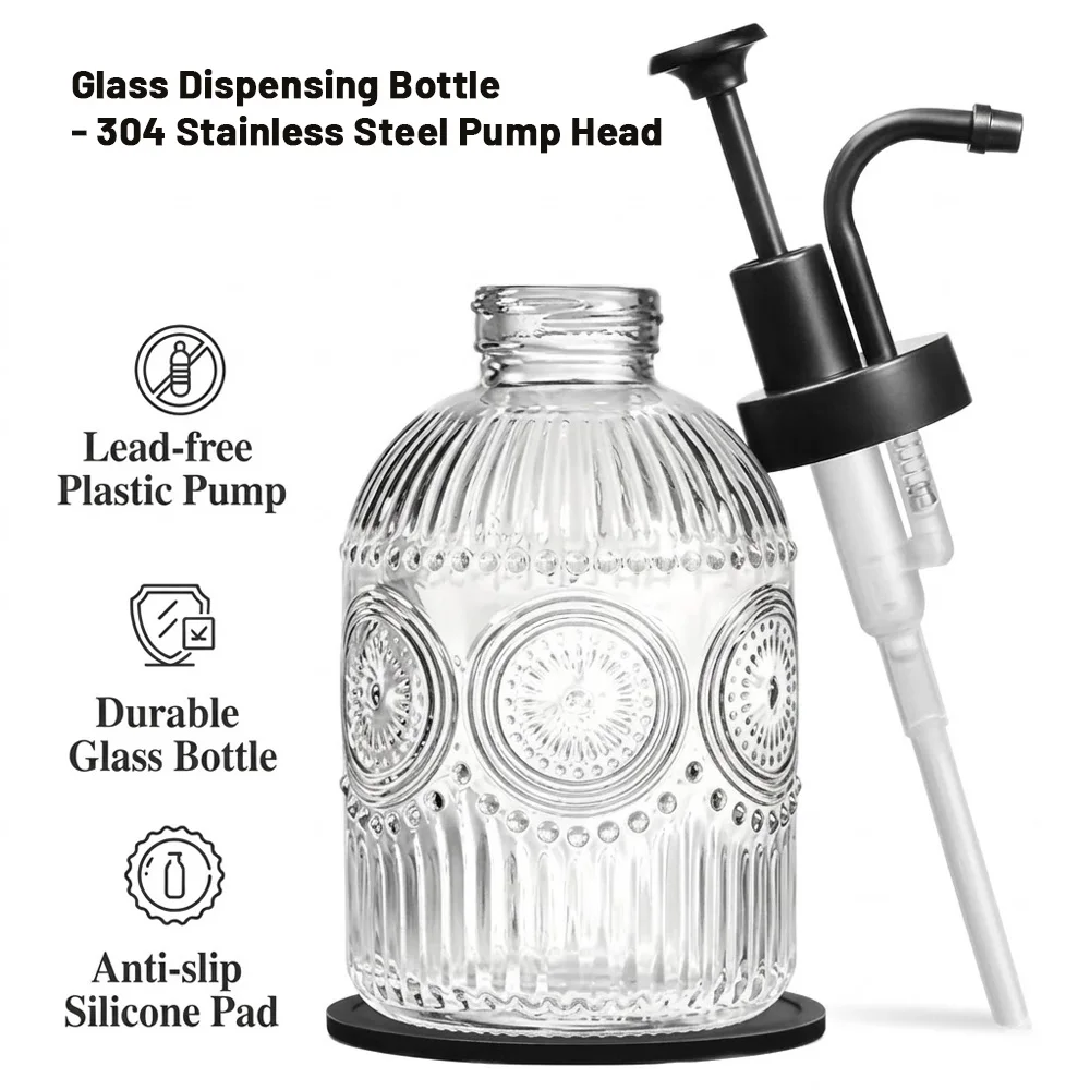 Retro Embossed Glass Soap Dispenser with Premium 304 Stainless Steel Pump Hand Liquid Lotion Bottle for Kitchen Bathroom Decor
