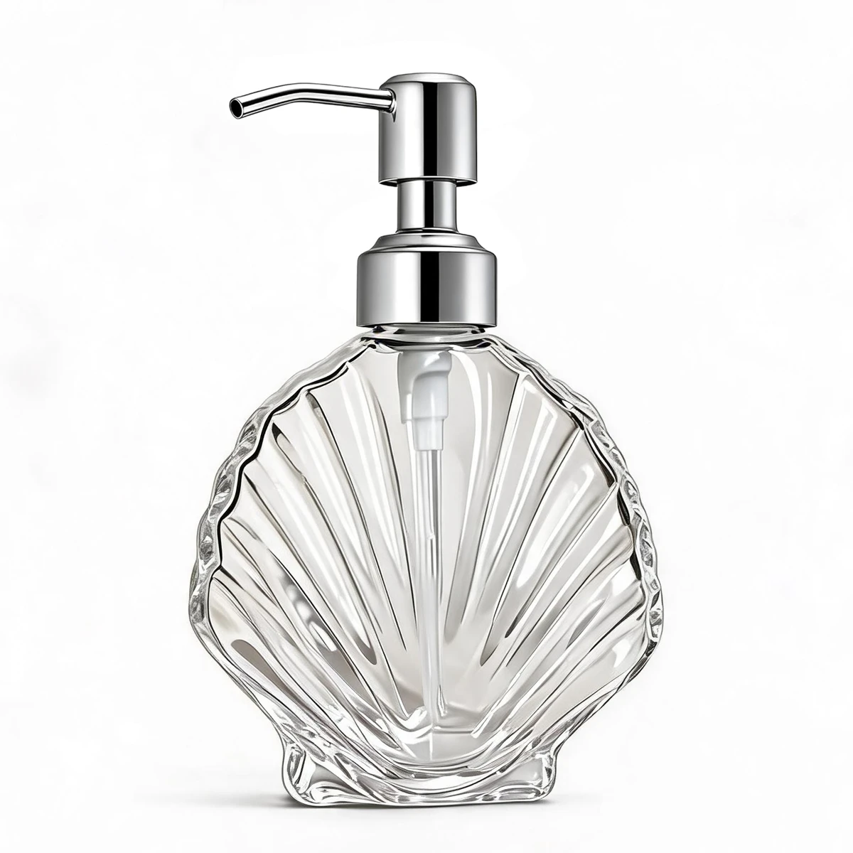 Decorative Seashell Glass Soap Dispenser with Stainless Steel Pump, Refillable Liquid Soap Bottle for Bathroom Kitchen, 300ml
