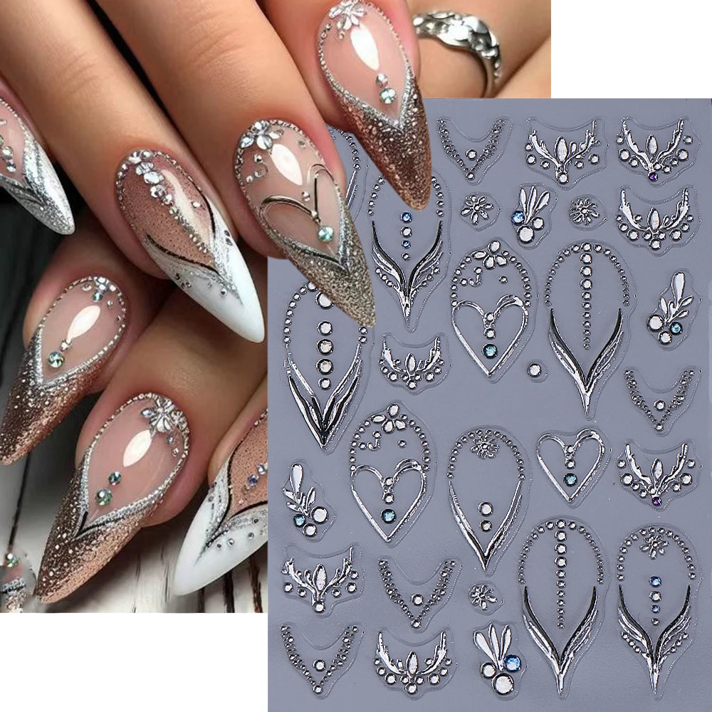 1Pcs Valentine's Day Luxury Rhinestones Nail Sticker 5D Heart French Silver Line Nail Decals Clear Gemstone Manicure Slider Deco