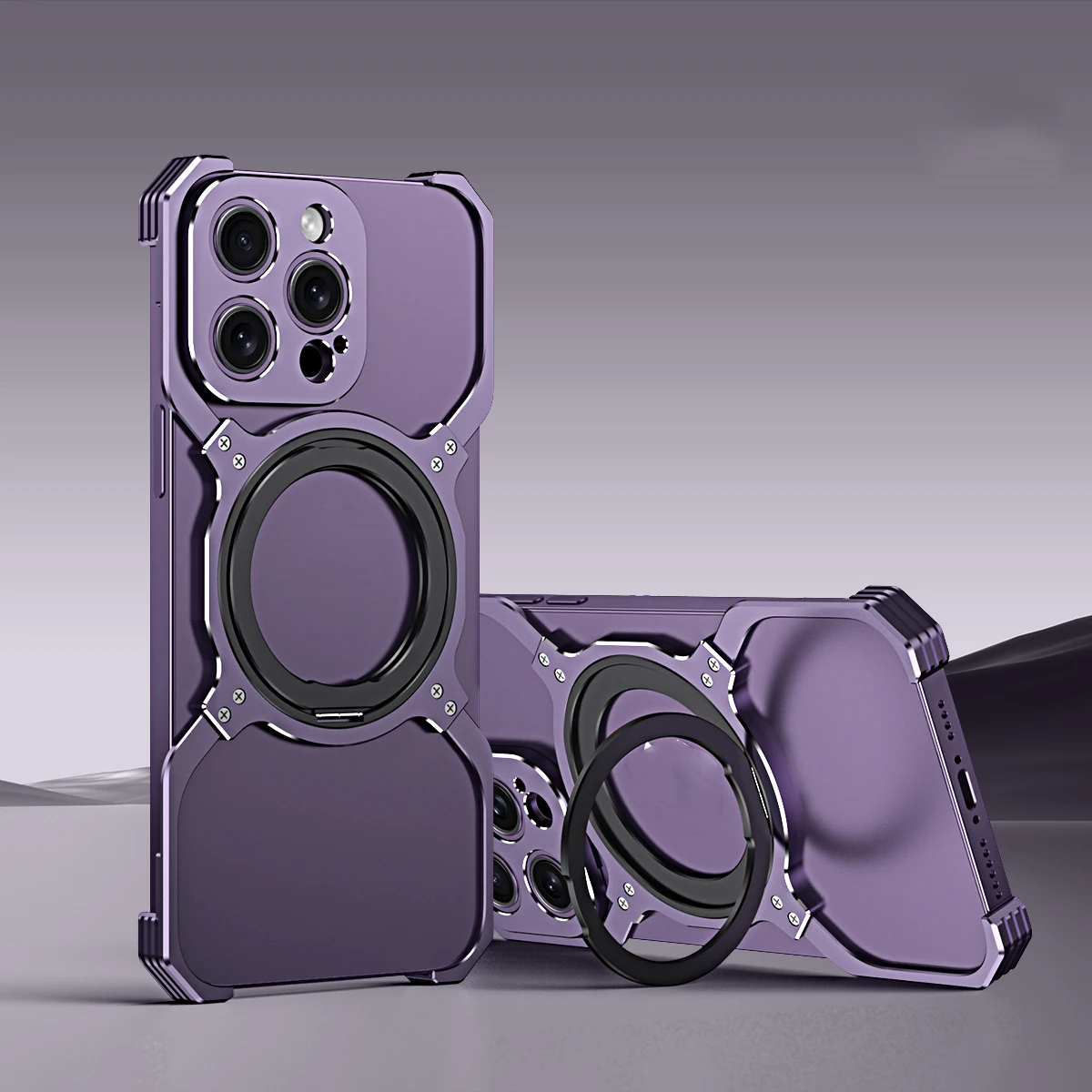 Rimless Magnetic Metal Case For iPhone 17 16 15 Pro Max 14 13 Aluminum Alloy Bumper 360 rotate Stand Lens Protective Frame Cover