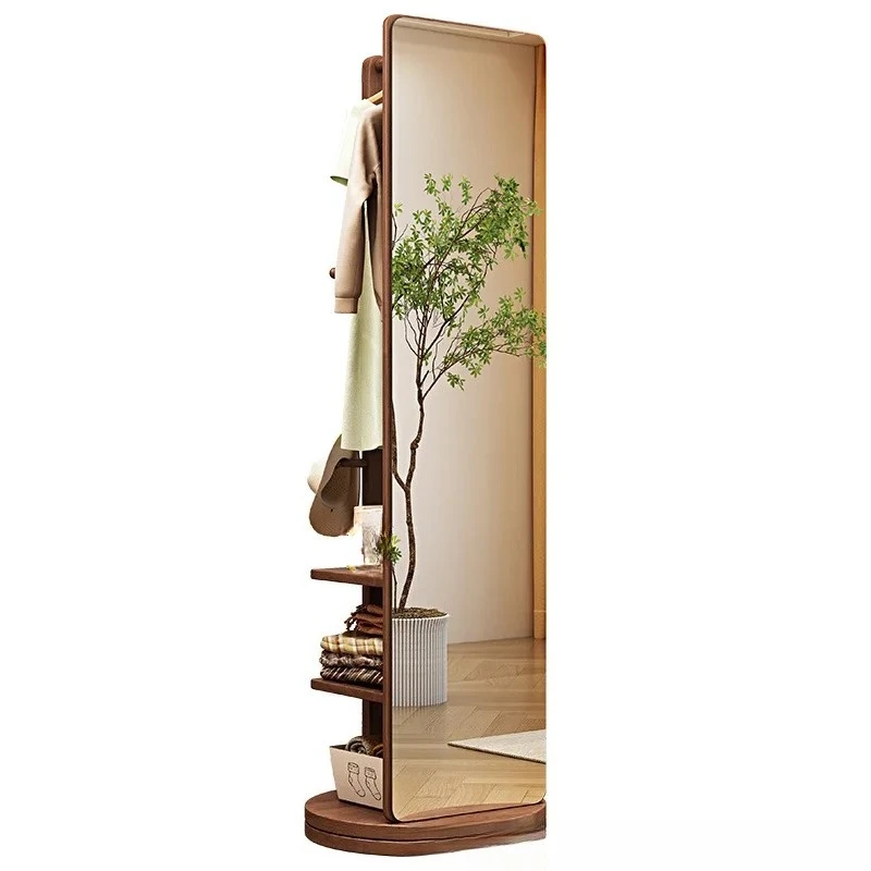 Solid Wood Swivel | 360 Rotation Full Length Standing Dressing Mirror with Storage Shelf & Hooks |  Hallway Organizer Furniture