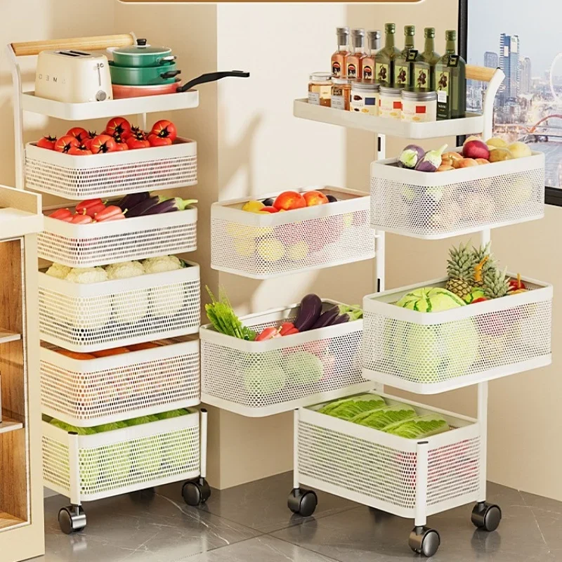 with 360° Wheels Cabinet Floor-standing Trolley Fruit shelves Vegetable Rotatable Basket Shelf Kitchen Rotating Storage Rack