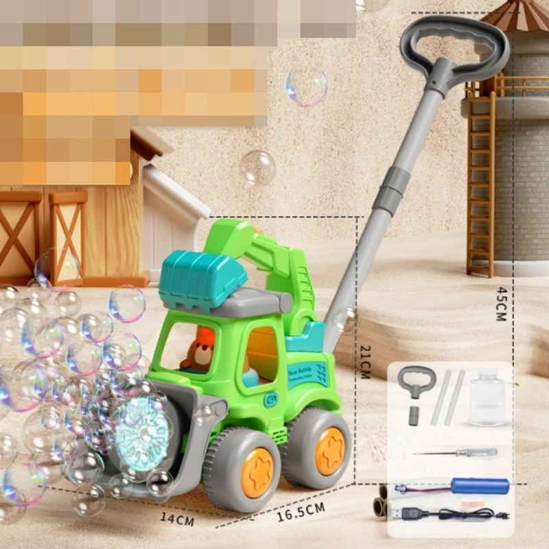 Hand-Pushed Electric Bubbles Maker Machine Plastic Construction Truck Excavator with Light Outdoor Toys for Kids Gifts
