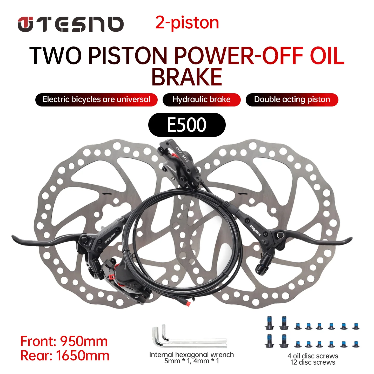 Velec E-Bike Hydraulic Disc Brake Set 2-Piston Power off for Electric Bikes Scooters MTB - Front Rear Brakes with Oil Pipe 950mm