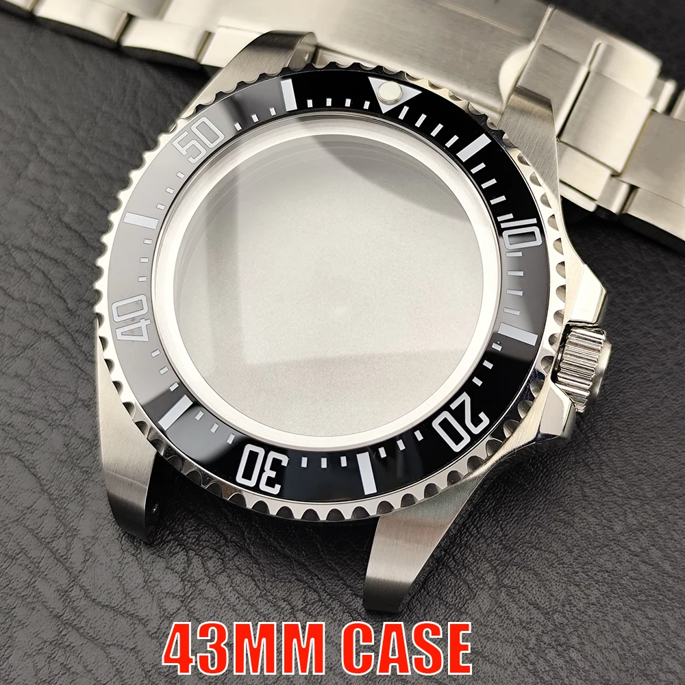 NH35 Case 43mm Men's Silvery Steel Watch Case Fit NH34 NH35 Movement Case For Sapphire Glass Watch Box Bezel 21mm Strap