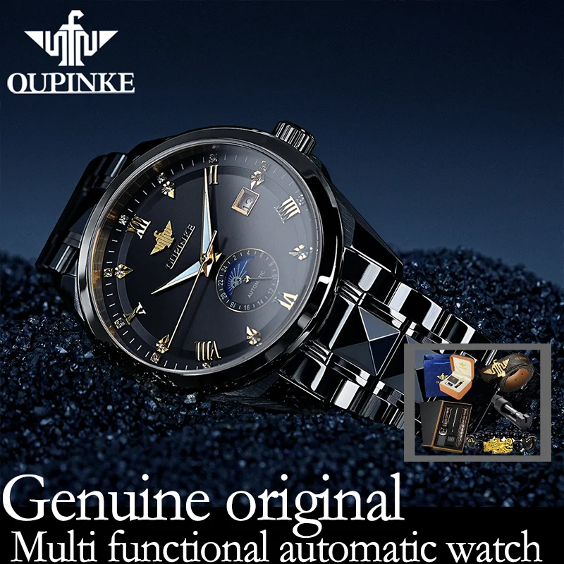 OUPINKE 3265 man watch moon phase waterproof date luminous Automatic mechanical watch for man tungsten steel male wristwatch