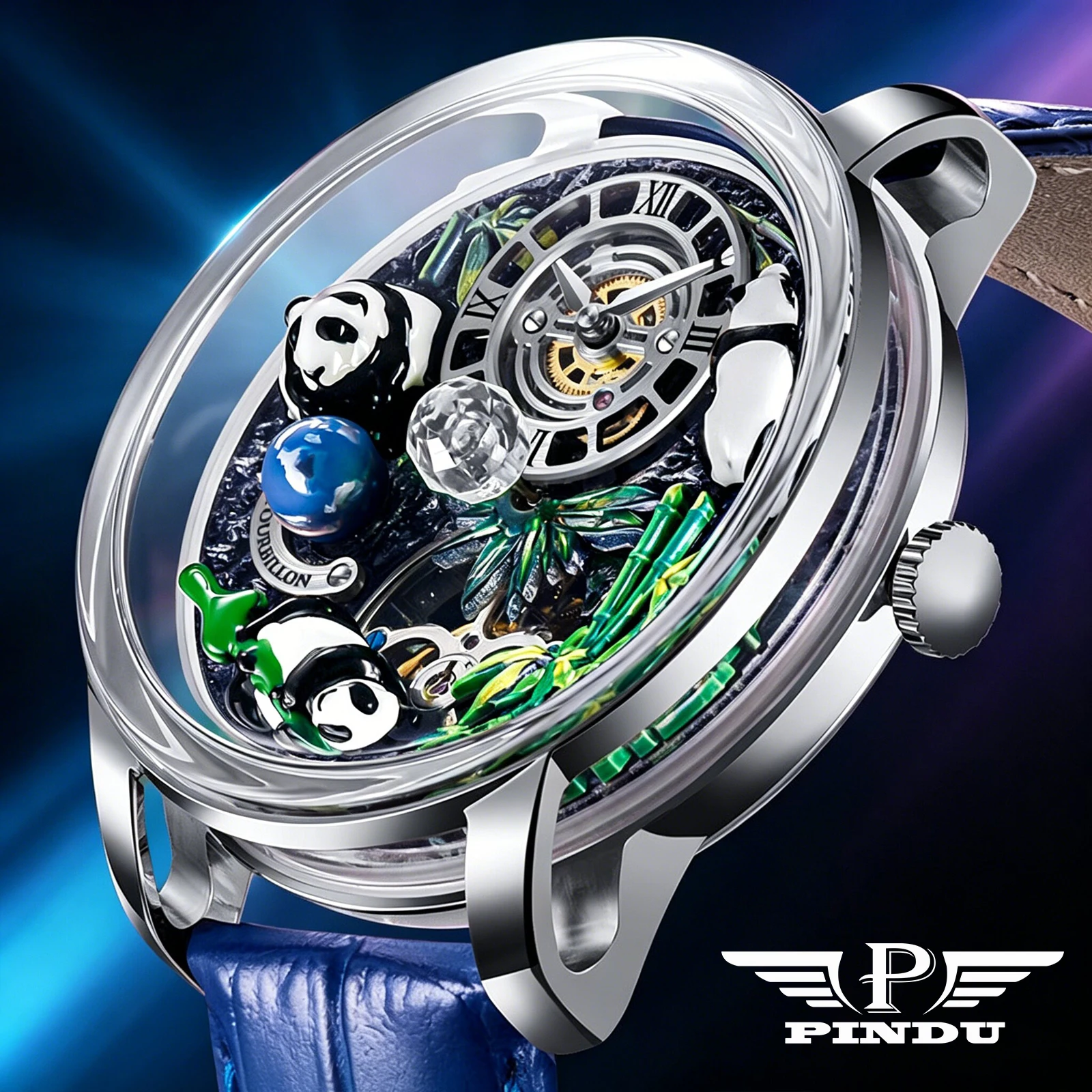 PINDU Brand Design Panda National Treasure Mechanical Watch Men 45.5mm Sapphire glass Stainless Steel Waterproof Automatic Watch