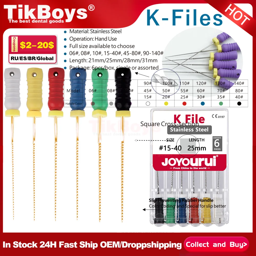 6Pcs/Pack Dental Hand Use K-Files 21/25/31mmStainless Steel Endodontic Root Canal Files Dentist Tools Dental Files Lab Equipment