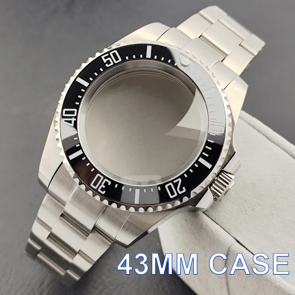 43mm Silver Stainless Steel Watch Shell 21mm Strap Sapphire Crystal Glass Watch Parts Fit NH35 2824 PT5000 Movement Men Watch