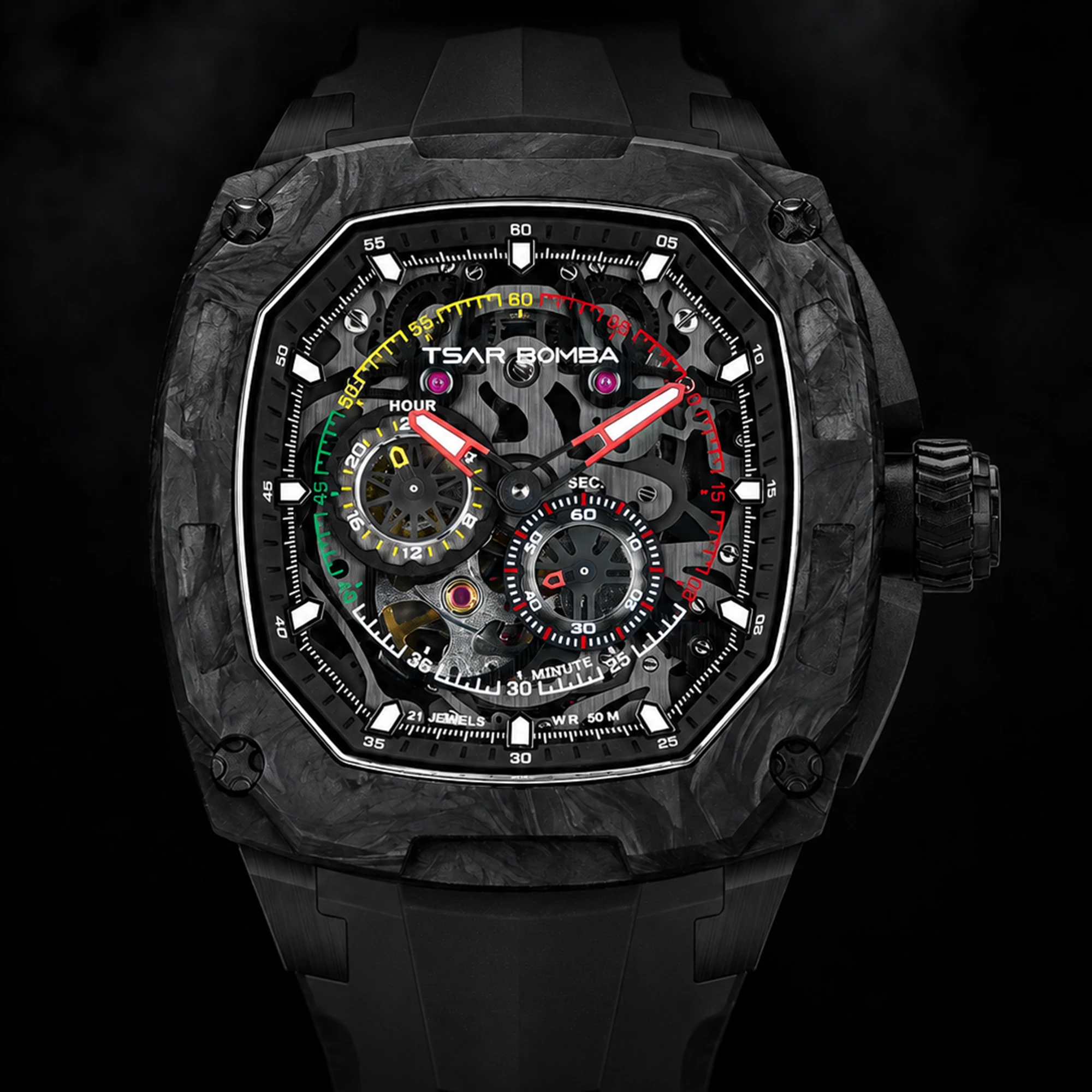 TSAR BOMBA Automatic Skeleton Watch for Men Carbon Fiber Luxury Watch Interchangeable Bezel Strap Set Sapphire Crystal 5ATM