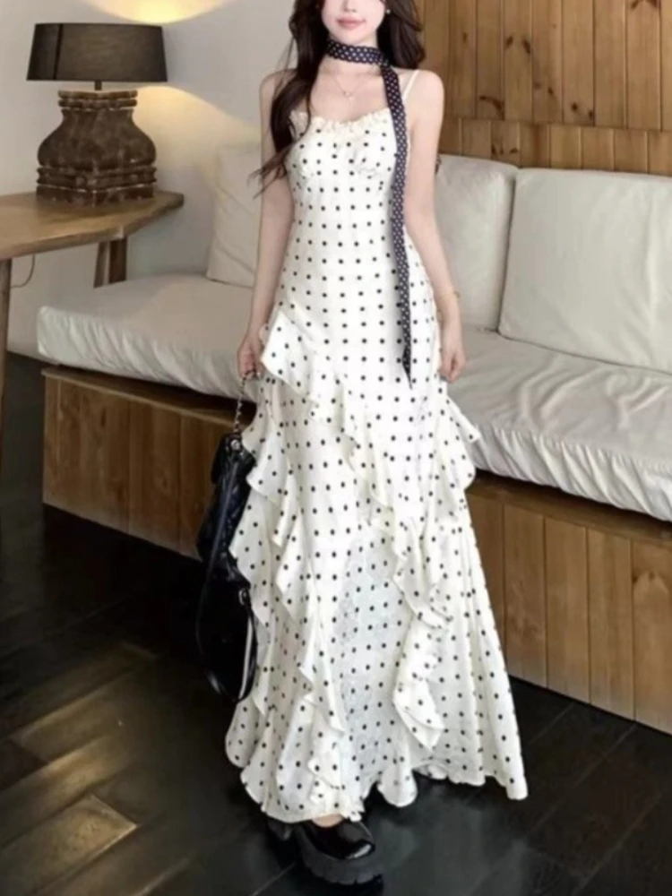 French Sweet Elegant Polka Dot Strap Dresses Women Summer Slim Y2k Long Dress Japanese Casual Fashion Irregular Vintage Outfits