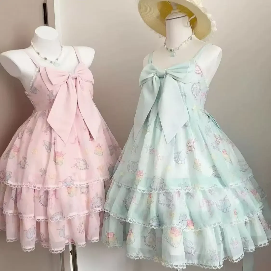Japanese Sweet Cute Harajuku Bow Suspender Dress Women Summer Dress Kawaii Pleated Ruffle Loose Aesthetic Dresses Clothing Trend