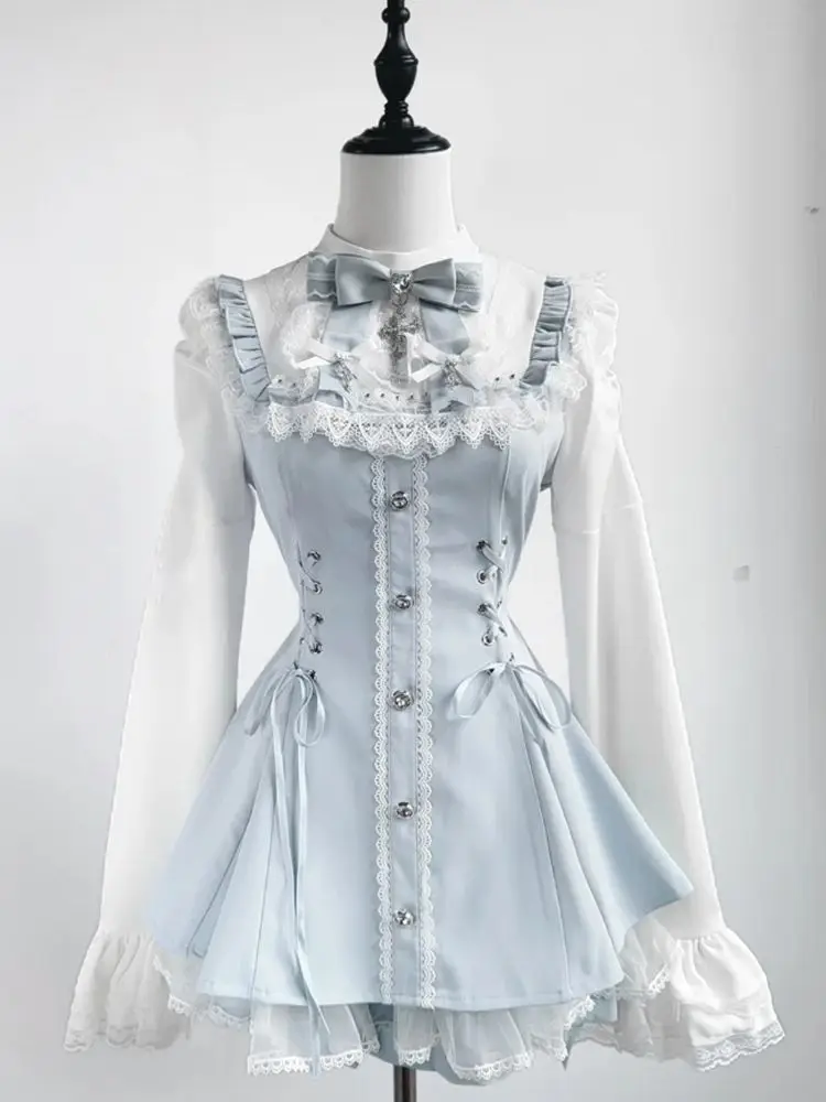 French Vintage Elegant Fashion Lace 2 Piece Set Women Chic Print Y2k Long Sleeve Tops + Skirt Japanese Casual Chic Outfits New
