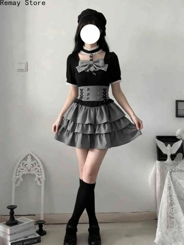 Japanese Sweet Lolita 2 Pieces Sets Women Puff Sleeve High Waist Shirt + Lace Plaid Bow Ruffled Skirt Kawaii Y2k Korean Outfits