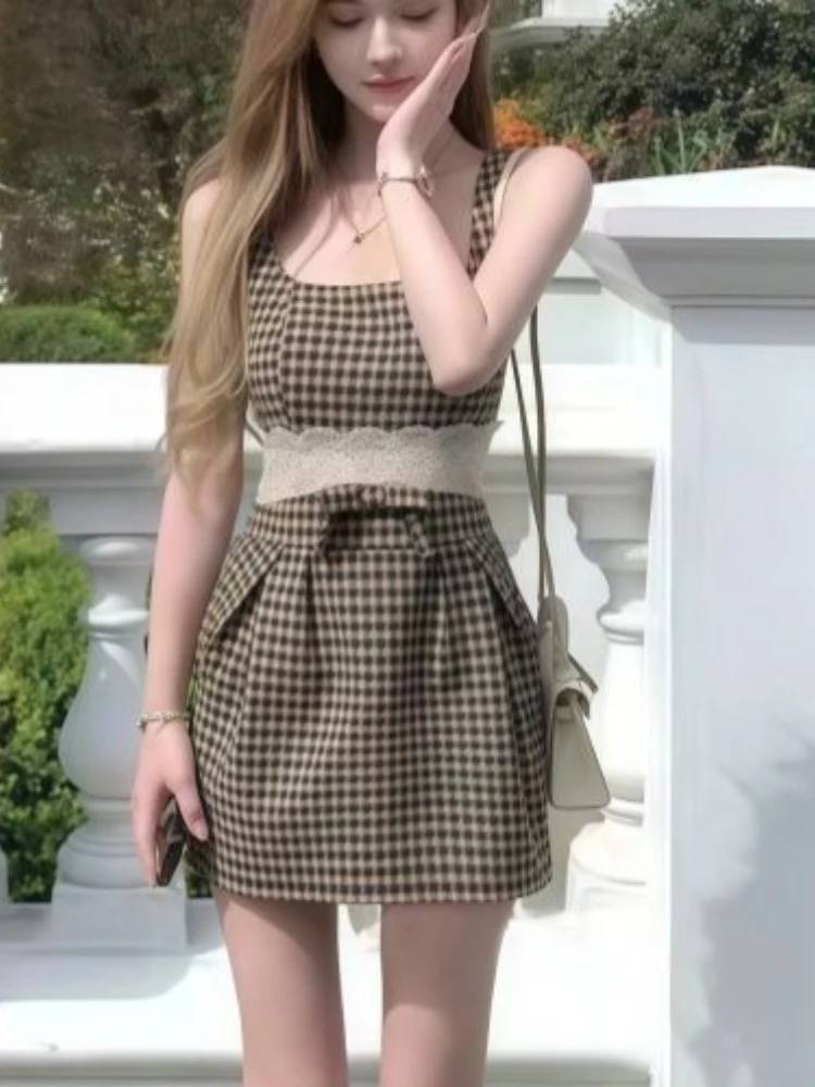 New French Retro Sexy Square Neck Dresses Women Chic Y2k Sweet Plaid Design Bow Mini Dress Japanese Sample Casual Lovely Outfits
