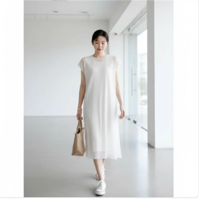 Miyake Pleated Women's Casual Dresses 2026 Japanese Design Mesh Fake Two-piece Round Neck Short-sleeved Elegant Pleated Skirt