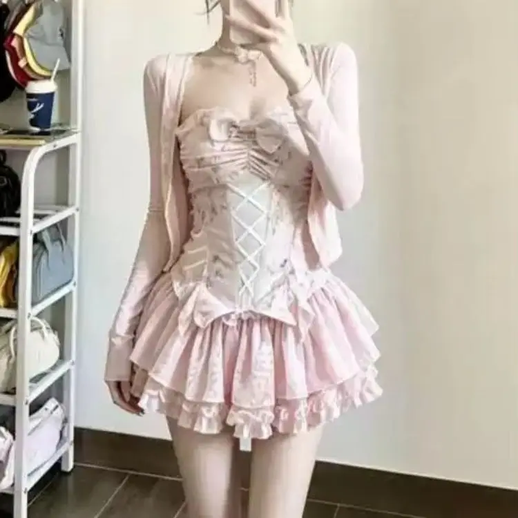 Japanese Sweet Fashion Lolita 3 Piece Set Women Chic Pink Cardigan + Strapless Y2k Tops + Skirt Harajuku Korean Casual Outfits