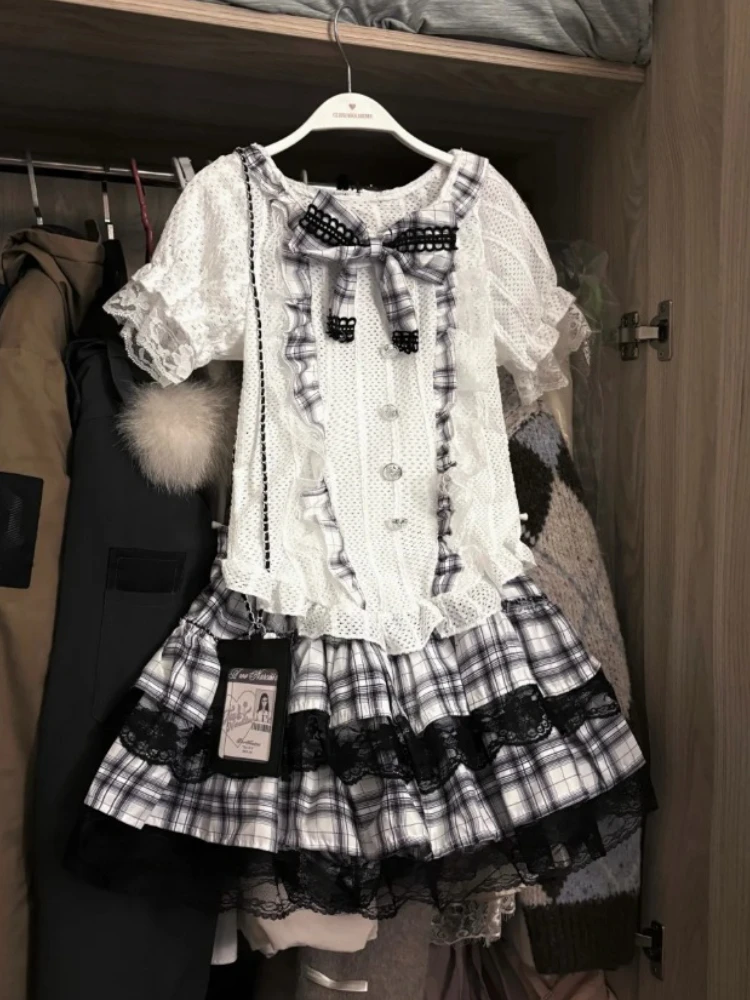 Japanese Sweet Preppy Style 2 Piece Sets Women Kawaii Bow Y2k Tops + Lace Skirts Fashion Female Vintage Slim Lovely Chic Outfits