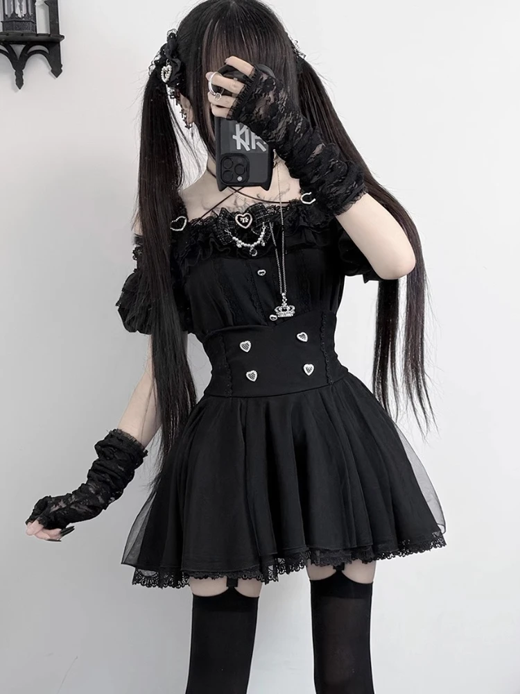 Gothic Japanese Lolita Women 2 Piece Set Lace Off Shoulder Tops + Mini Skirt Retro Female Sexy Y2k Aesthetic Design Outfits New