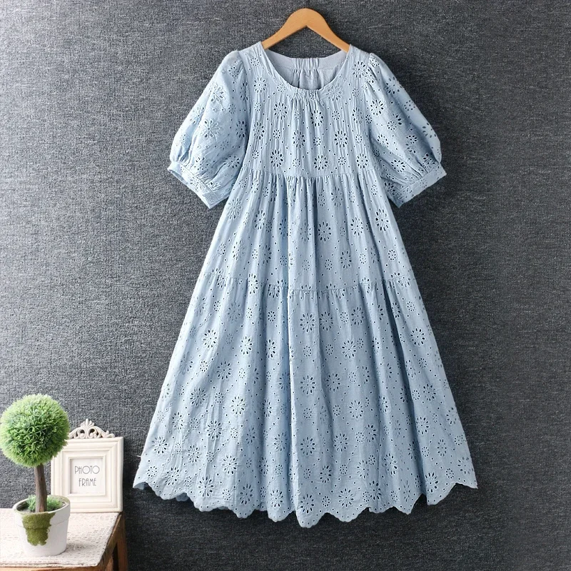 Summer New Japanese Sweet Mori Girl Sunflower Embroidery Hollow Out Dress Women O-Neck Short Sleeve Casual Loose Cotton Dress
