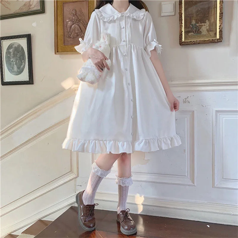 Peter Pan Collar Dress Vintage Cute Lolita Clothes Kawaii Japanese Fairy White Black Women Puff Sleeve Princess Party School