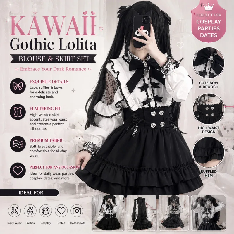 Japanese Y2K Gothic Lolita Two Piece Set Black White Lace High Waist Ruffled Mini Skirt Slimming Outfit Teen Girls Autumn Gift