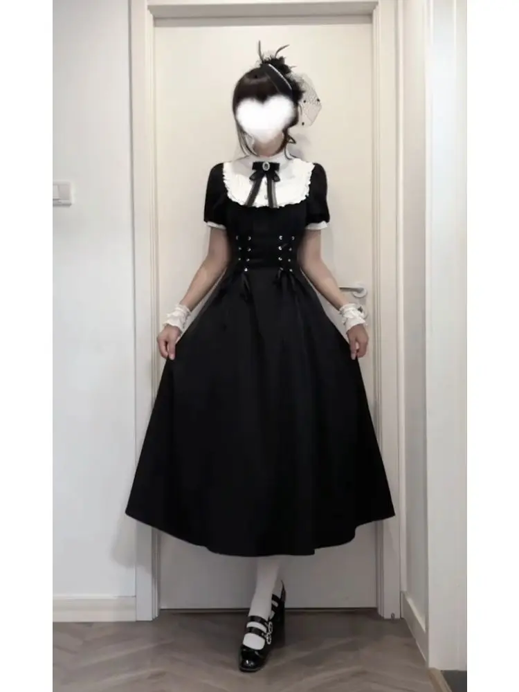 Japanese Gothic Dark Puff Sleeve Lace Up Dress Women Bow Decor Ruffle Collar Midi Dress Elegant Party Daily Cosplay Outfits 2026