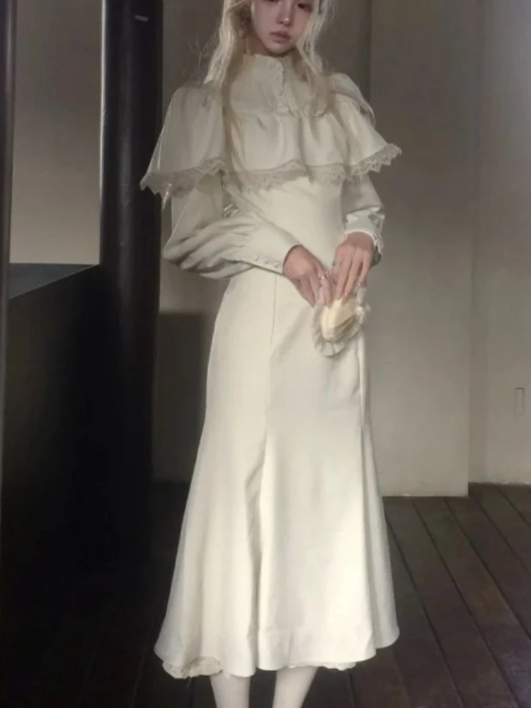 Japanese Gothic Sweet Elegant White Cape Fish Tail Dress Women Slim Design Long Dress Harajuku Vintage Long Sleeve Punk Outfits