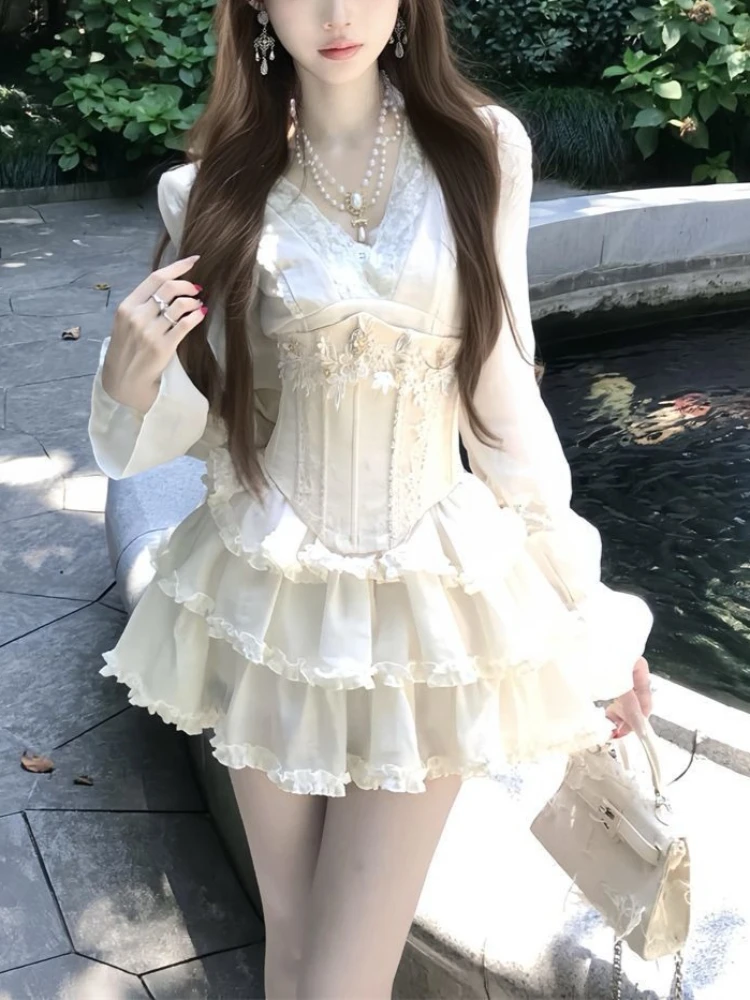 French Sweet Princess Long Sleeve Dress Women Lace Design Sexy Evening Dresses Japanese Fashion Fairy Korean Popular Clothes New