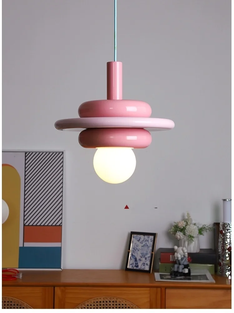 Minimalist Macaron Chandelier, Pink Glass Pendant Lamp, Soft Pastel Colors Modern Lighting for Bedroom Hallway Apartment