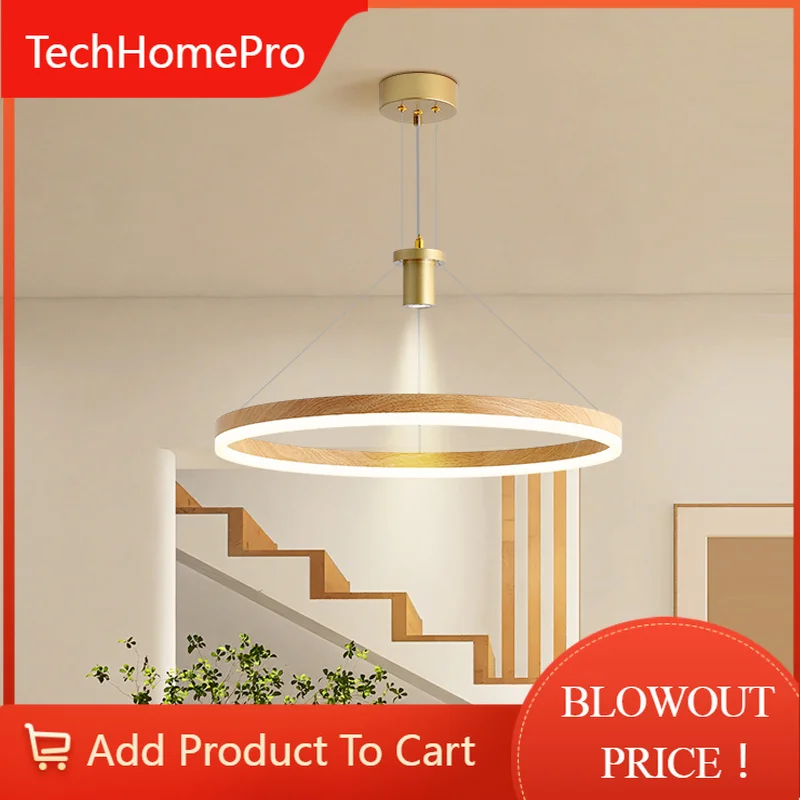 TechHPLED Wood Grain Chandelier With Spotlight Minimalist Round Hanging Light Fixture Suspension Luminaire For Living Room Dinin