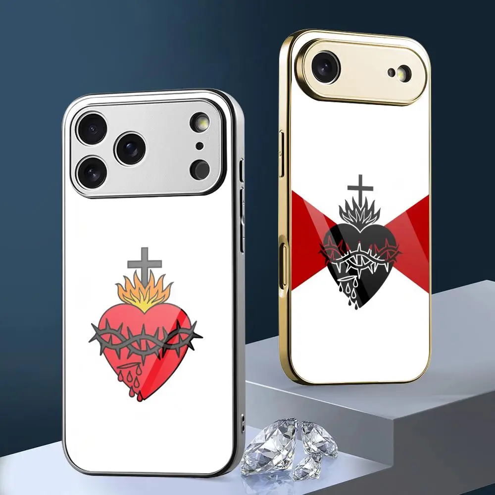 Bandera del Sagrado Corazon Phone Case For iPhone 17 16 15 14 13 Pro Max Plus Electroplated Metal Case Glass Back Cover