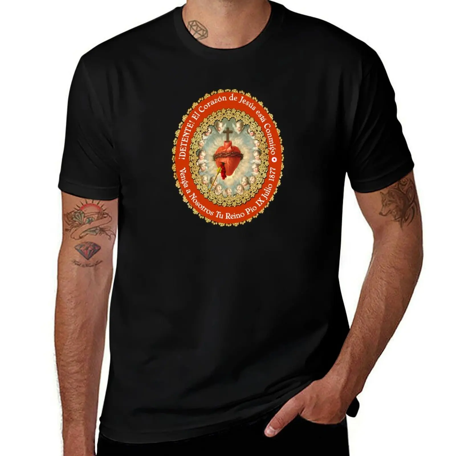 Detente Spanish Sagrado Corazon Sacred Heart of Jesus Catholic Prayer T-Shirt Active Wear Sports for Men T-Shirt