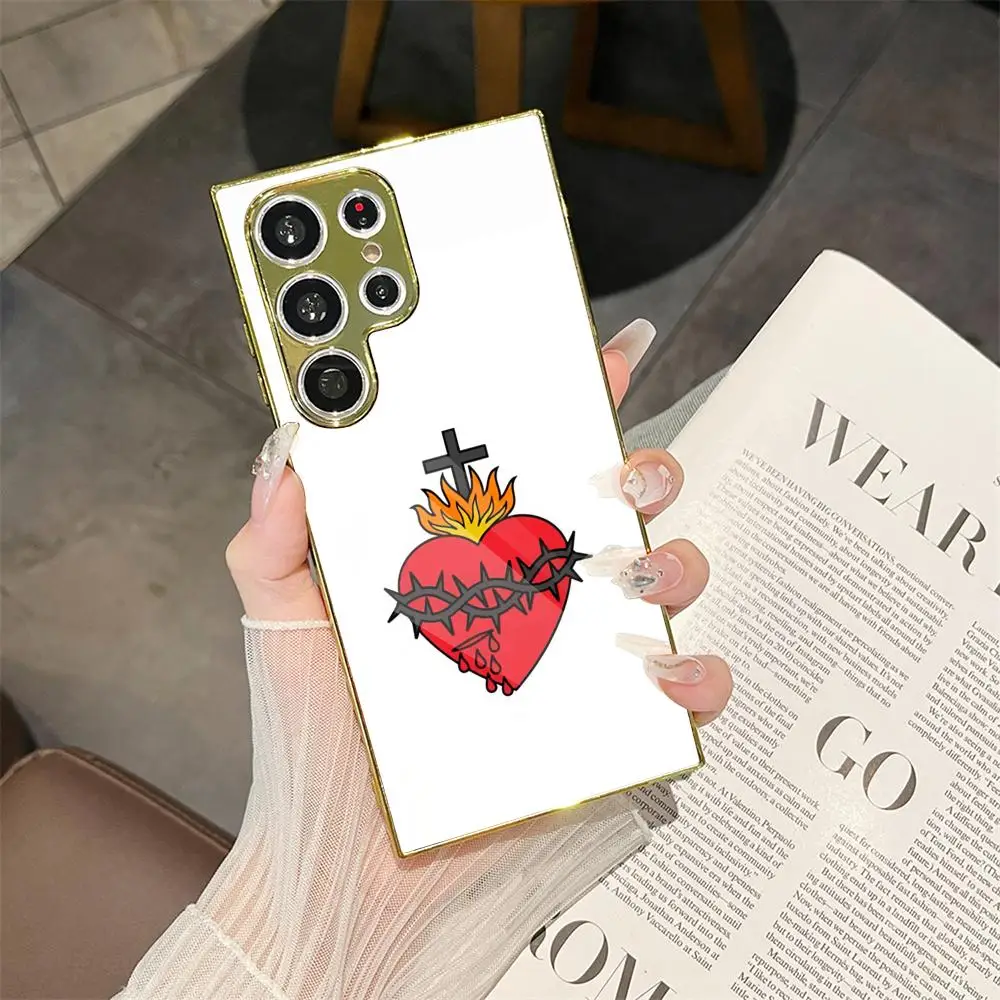 Bandera del Sagrado Corazon Phone Case For Samsung Galaxy S25 S24 S23 Ultra Electroplated Metal Case Glass Back Cover