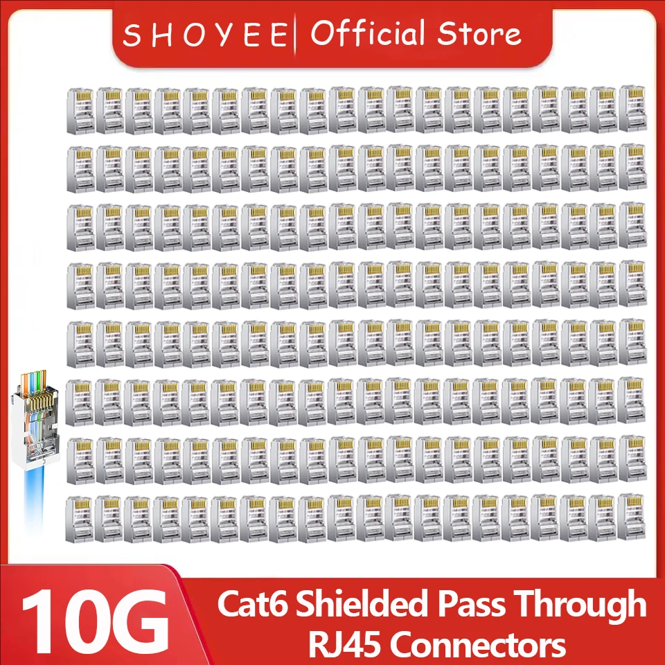 Cat 6 Shielded Pass Through RJ45 Connectors RJ45 Strain Relief Boots, 8P8C Modular Ethernet STP Network Cable Plug End for Cat6