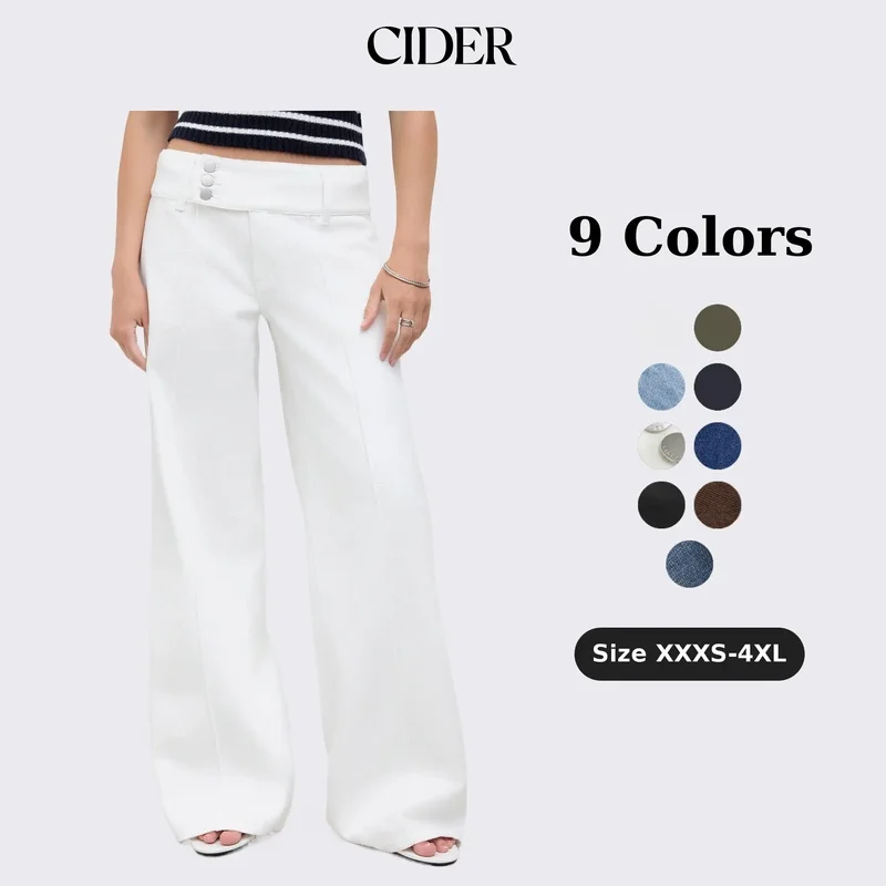 Cider Baggy Wide Leg Jeans Women's Retro Y2K Low Rise Denim Trousers Triple Button Waistb Solid Long Pants Daily Casual Wear Pe