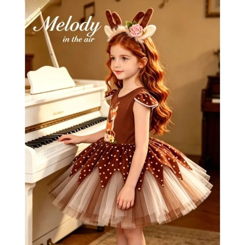 Christmas Elk Printed Dress Fluffy Tutu Skirt Kids Party Costume Festiva Wear Carnival Stage Performance Clothes For Little Girl