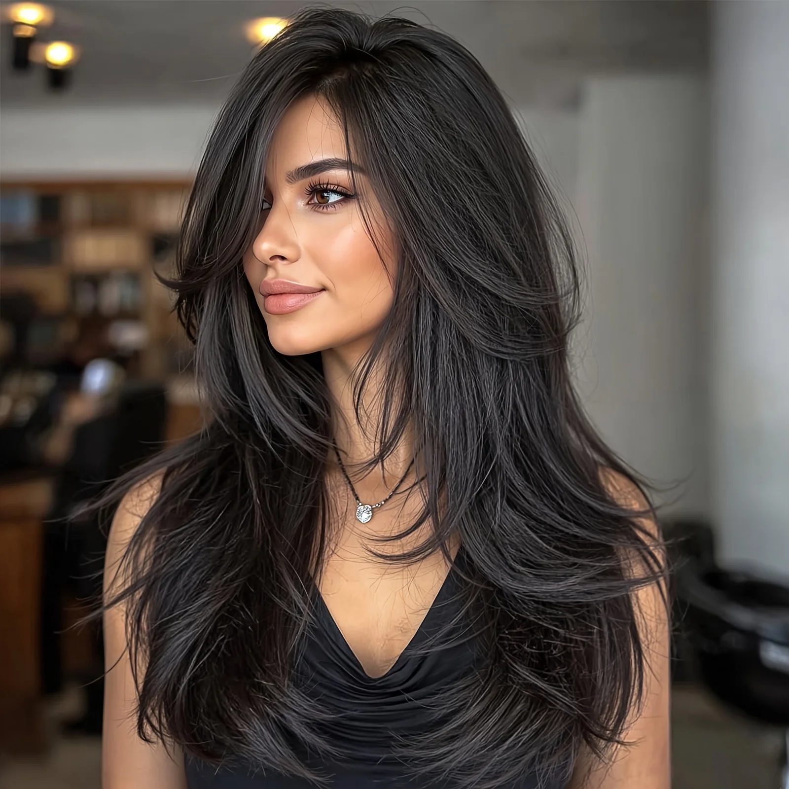 Uoya Black Layered Long Straight Hair Women's Wig, New Fashion Style, Suitable for Daily Wear, Christmas